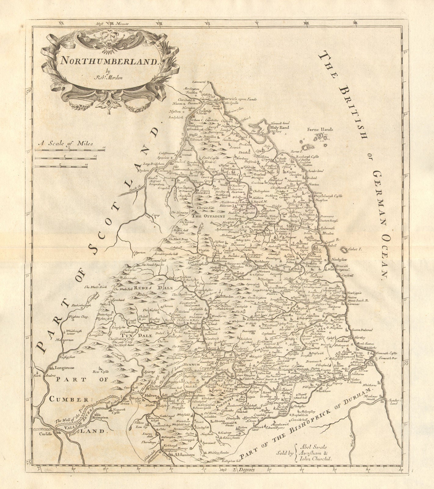 NORTHUMBERLAND. by ROBERT MORDEN from Camden's Britannia 1772 old antique map